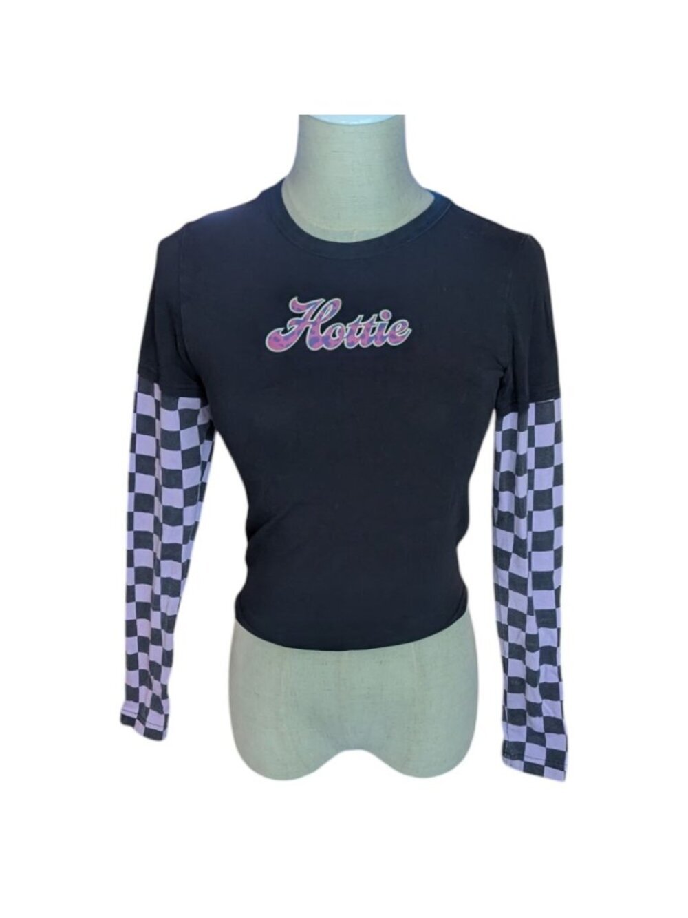 Checkered Sleeve Hottie Cropped Long Sleeve Top Small